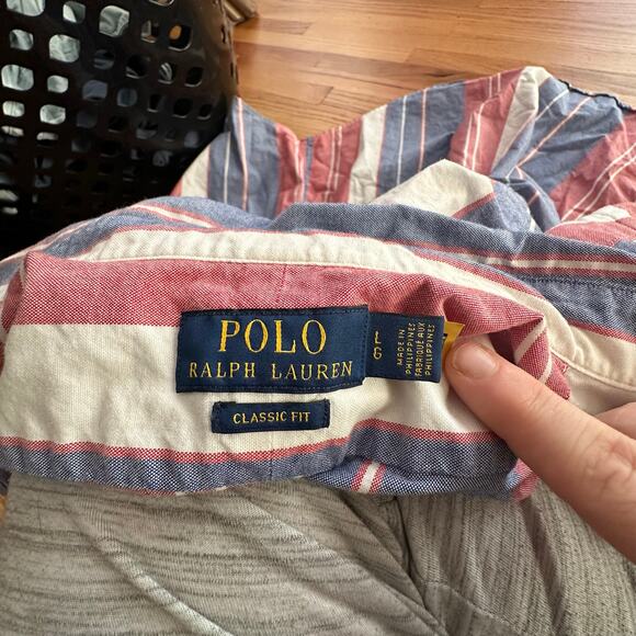 POLO RALPH LAUREN x Classic Fit Red Blue Stripe Short Sleeve Shirt Cotton SIZE L - Picture 2 of 7